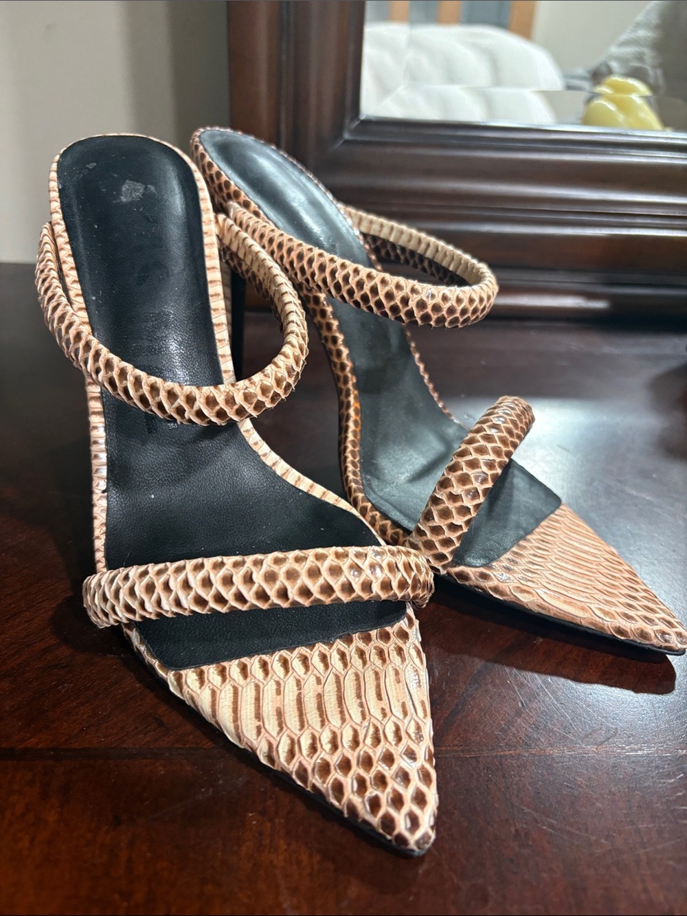 Textured Nude Snake-Embossed Strappy Pointed Heels